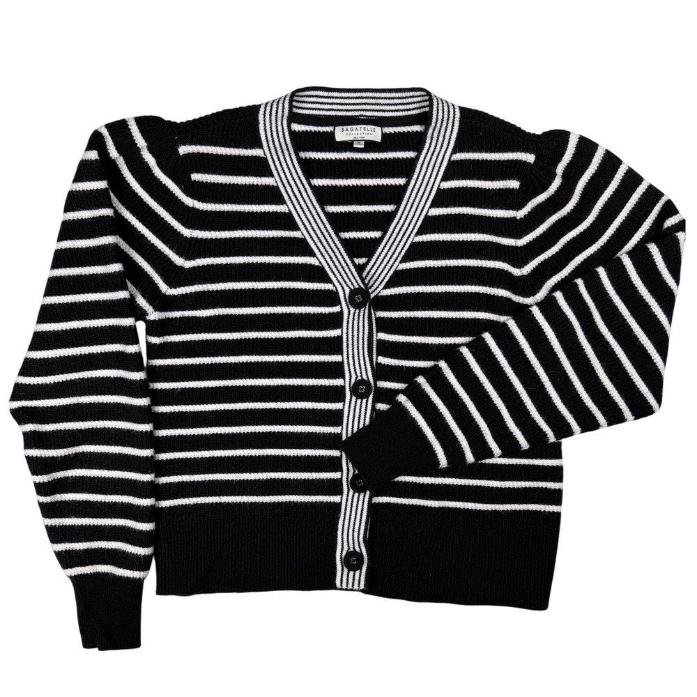 Bagatelle Collection Womens Black White Striped Puff Shoulder Cardigan Sweater M